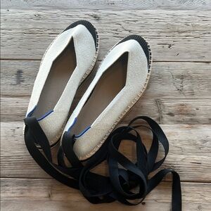 Rothy's Cream and Black Espadrille Lace-Up Flats